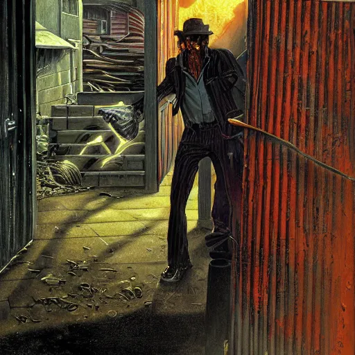 Image similar to a man hides behind a dumpster to reload while the demon in the alley coalesces : high quality high detail painting by david mattingly and larry elmore and richard corben, hd, realistic scene painting, photorealistic lighting, modern supernatural urban horror, street scene