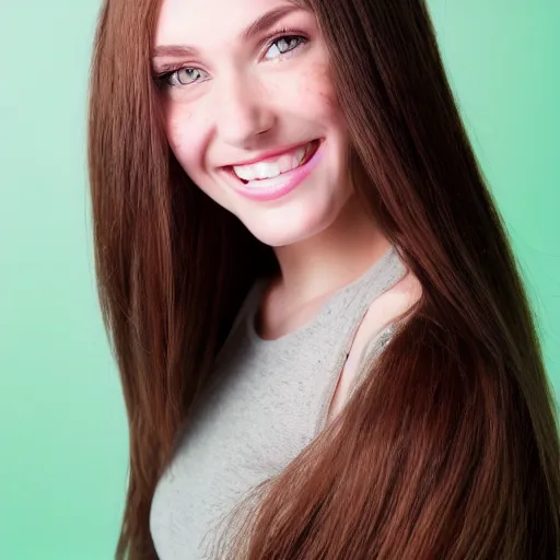 Image similar to A cute and beautiful young woman, long shiny bronze brown hair, green eyes, cute freckles, smug smile, studio lighting, studio background medium shot, mid-shot