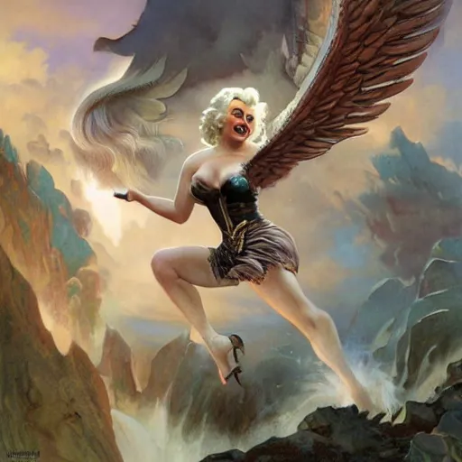 Prompt: an extremely detailed matte painting marilyn monroe as a terrifying valkyrie descending from valhalla on a pegasus, in the style of magic the gathering, 8 k, sharp focus, detailed face, art by john collier and albert aublet and krenz cushart and artem demura and alphonse mucha