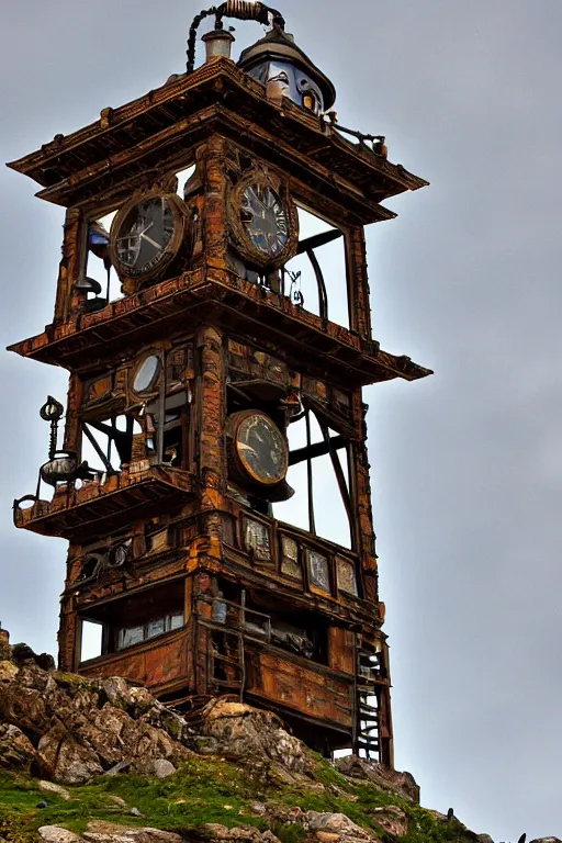 Image similar to the impossible clock tower on the top of a mountain, steampunk art