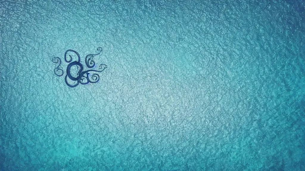 Prompt: ocean, clear water, octopus silhouette at depth, bird eye view, aerial view, drone photography, fear, mesmerizing, blue sea, glare on the water, reflection of the sky on the water, art by google earth,