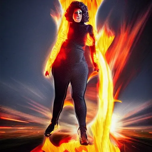 Prompt: a woman, on fire, sci - fi, giant, photoshop, creative and cool, photo manipulation