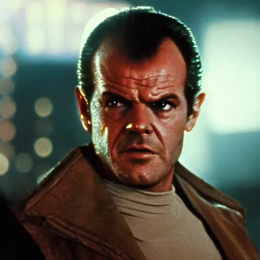 Prompt: 30 year old Jack Nicholson as Rick Deckard on blade runner 1982, movie still, in color, movie frame, detailed face, symmetrical face, 4k,