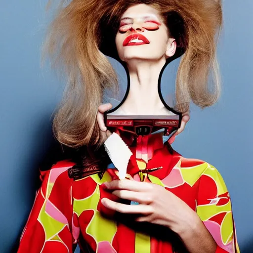 Image similar to a studio close - up portrait of a beautiful fashion model getting an haircut. surreal photograph, lo - fi, polished look, silly and serious, hermes ad, fashion photography, toiletpaper magazine, 3 5 mm photograph, colourful, by pierpaolo ferrari, maurizio cattelan, david lachapelle