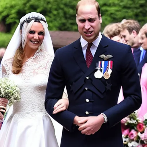 Image similar to detailed photos of the duke of cambridge prince william marrying american popstar britney spears, happy couple, official photos, wedding photo, royal wedding, photos trending on twitter, trending photo on instagram