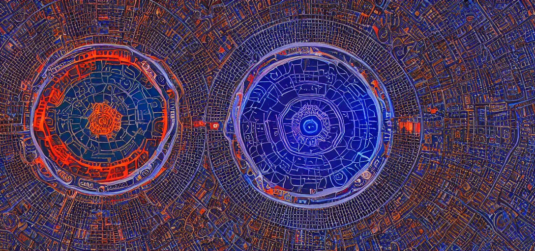 Prompt: isometric view of giant steel tricolored mandala disk cities floating above a hard-lit moonscape, mix of skyscapers and quaint streets, nightime with lit windows, wide angle ektachrome photo of a 3d rendering, f8 aperture