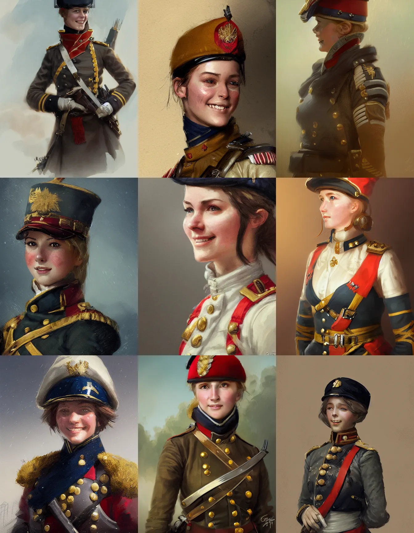 Prompt: young female napoleonic war grenadier soldier, smiling, digital portrait by greg rutkowski, intricate, soft focus, highly detailed, cinematic, epic, artstation
