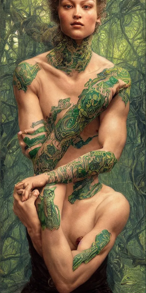 Image similar to epic masterpiece portrait of a snake tattooed gymnast, followed by heads with many souls, beautiful face and flawless skin, perfect hands, emeralds by Edgar Maxence and Ross Tran and Michael Whelan