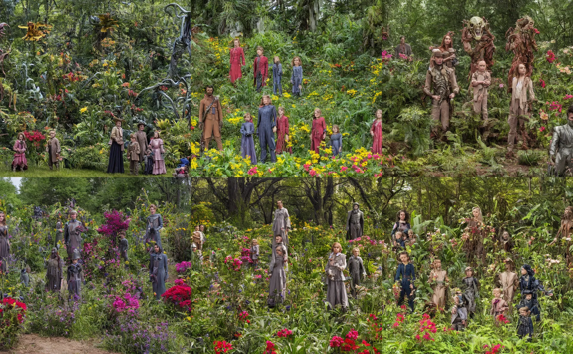 Prompt: sharp, highly detailed, 435456k film, 1612800mm film still from a sci fi blockbuster color movie made in 2019, set in 1860, of a family standing in a park, next to some strange alien plants and flowers, on an alien planet, the family are all wearing 1860s era clothes, good lighting, good photography, ultra high definition, in focus