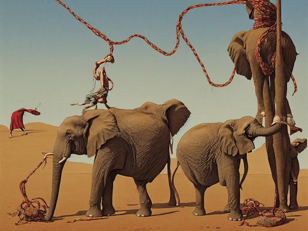 Image similar to Elephant tied to a pole in the desert with giant red mounds. Painting by Moebius, Walton Ford