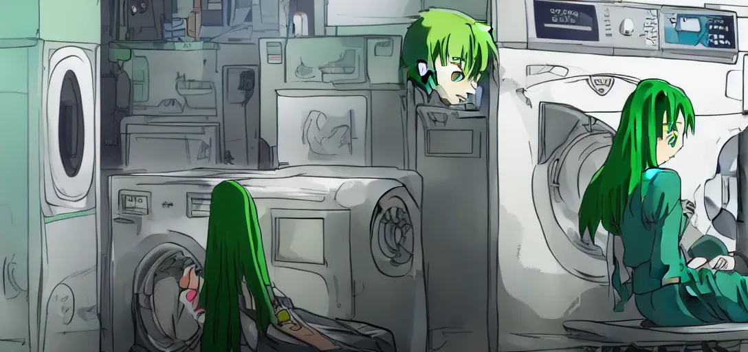 Image similar to a girl with green hair sitting on top of a washing machine inside of a laundromat by Hayao Miyazaki, anime style