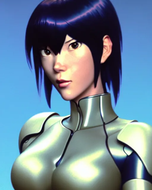 Image similar to weta disney pixar movie still portrait photo of motoko kusanagi ghost in the shell : : as cyborg woman by pixar : : by weta, greg rutkowski, wlop, ilya kuvshinov, rossdraws, artgerm, marvel, maxim cover, latex, octane render, sweaty, iridescent, bright morning, anime, liosh, mucha : :