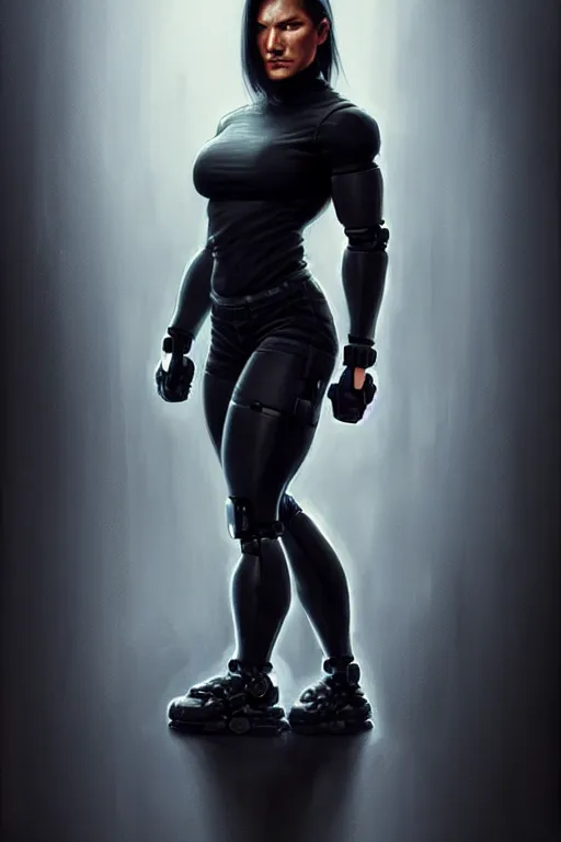 Prompt: gina carano with robotic left arm, casual black clothing, muscular, realistic proportions, casual pose, large portrait, cyberpunk, shadowrun, rpg character, digital painting, artstation, concept art, smooth, 8 k frostbite 3 engine, ultra detailed, art by artgerm and greg rutkowski and magali villeneuve