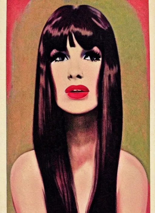 Prompt: portrait 1 9 6 0 s beautiful mod girl, long straight 6 0 s hair with bangs, wearing velvet, vampire, glam, groovy, by brom