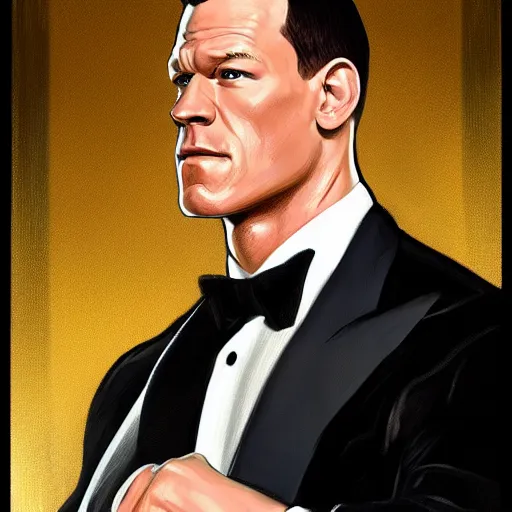 Prompt: john cena wearing a tuxedo, portrait, highly detailed, digital painting, artstation, concept art, sharp focus, illustration, art by artgerm and greg rutkowski and alphonse mucha