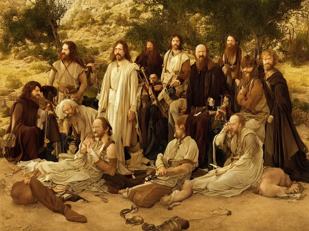 Prompt: portrait of the fellowship of the ring, in a desert oasis, painting by georges de la tour
