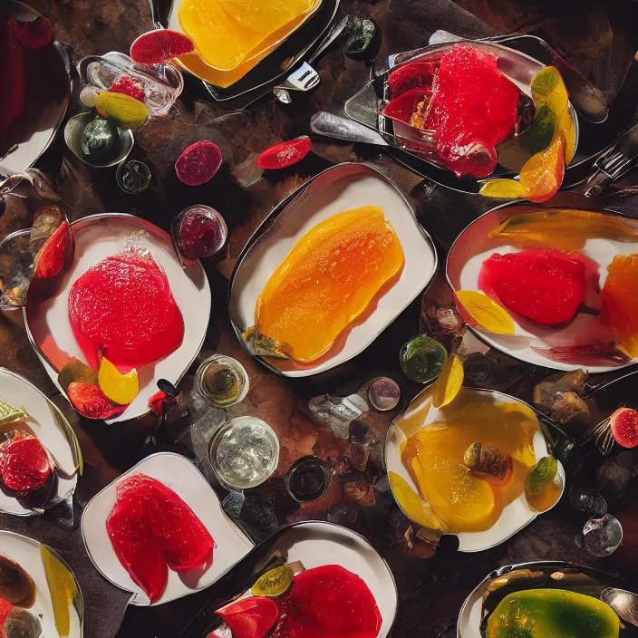 Prompt: [ jello ]!! aesthetic!!, trending on unsplash, [ 4 k photorealism ]!!, professional photography, [ overhead view of a table ]!!, shot by jimmy nelson