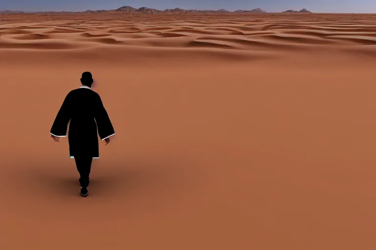 Image similar to guy with a robe walking through a desert with high speed winds, 2 d perspective, wind, 8 k, ultra detailed, award winning, trending on artstationhd, epic, dramatic, cinematic,