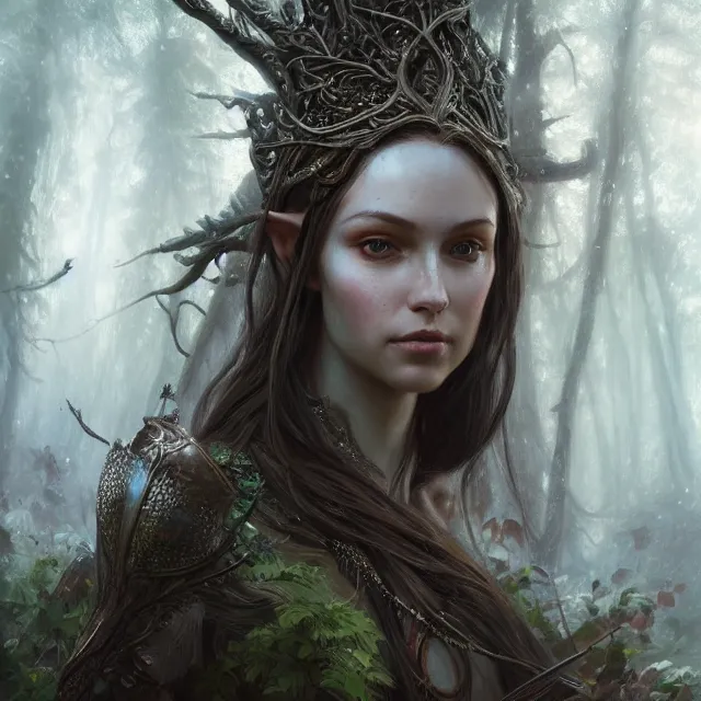 Prompt: close up portrait of a beautiful female elven warrior, magical forest background fantasy atmosphere. art by greg rutkowski. highly detailed, intricate, lifelike. sci - fi, fantasy, magical, nikon d 8 5 0.