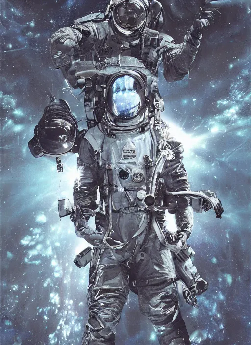Image similar to astronauts in dark and empty void underwater - complex and hyperdetailed technical suit. reflection and dispersion materials. rays and dispersion of light. volumetric light. 5 0 mm, f / 3 2. noise film photo. flash photography. ultra realistic, wide angle. poster by wayne barlowe, hajime sorayama aaron horkey, craig mullins