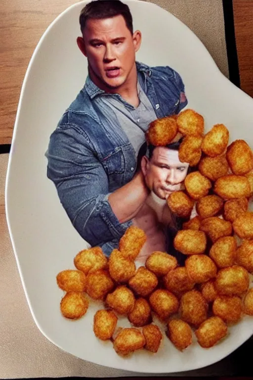 Image similar to a big tater tot on a plate with channing tatum face, channing tatum made out of tater tot, photo