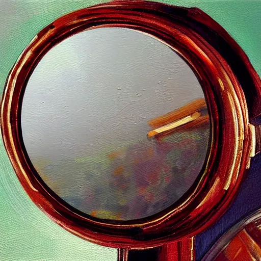 Prompt: camera taking a picture of its own broken lens through a mirror, hyper realistic painting, impasto by Angela Moulton, high quality reflections