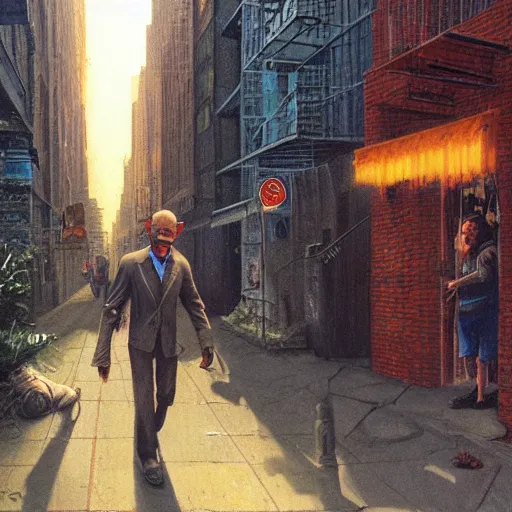 Prompt: a man walking through the lower east side, followed by strange figures he can only half - see. high quality high detail painting by david mattingly and ralph mcquarrie and richard corben, hd, realistic matte painting, photorealistic lighting, modern supernatural urban horror aesthetic.