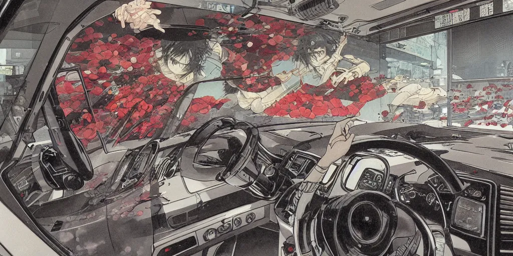 Prompt: inside an automatic carwash; view through the windshield; drawn by Katsuhiro Otomo and Takato Yamamoto; intricate oil painting; sharp high detail; manga and anime