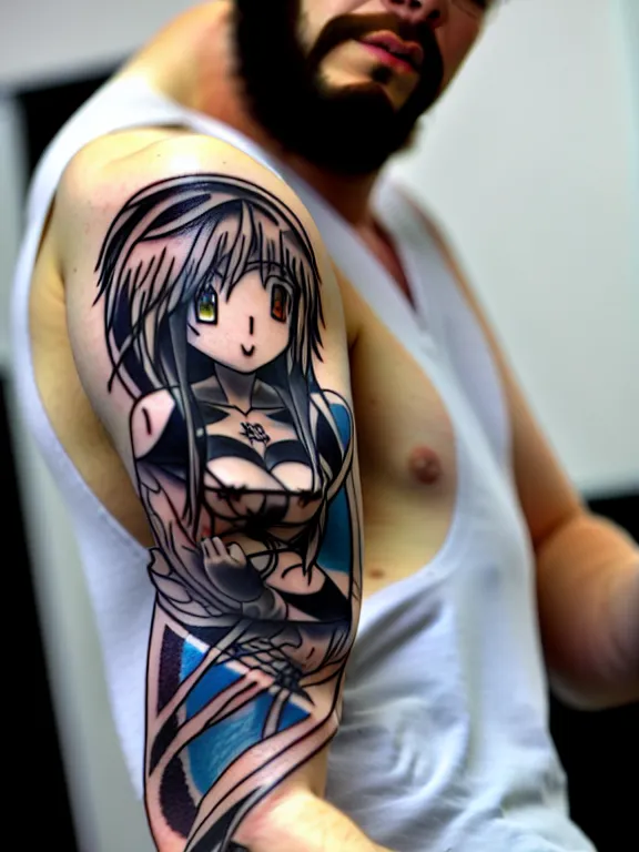 Prompt: far shot of a man showing his arm tattoo of his anime waifu, tattoo