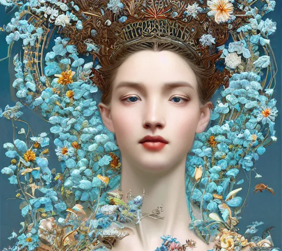 Image similar to breathtaking detailed concept art painting art deco pattern a beautiful wavy brown haired man with pale skin and a crown on his head sitted on an intricate metal throne light - blue flowers with kind piercing eyes and blend of flowers and birds, by hsiao - ron cheng and john james audubon, bizarre compositions, exquisite detail, extremely moody lighting, 8 k h 1 0 2 4