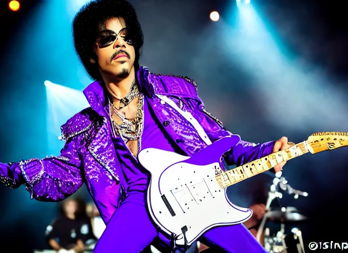 Image similar to photo still of prince from purple rain on stage at vans warped tour!!!!!!!! at age 3 3 years old 3 3 years of age!!!!!!!! serving pancakes to the crowd, 8 k, 8 5 mm f 1. 8, studio lighting, rim light, right side key light