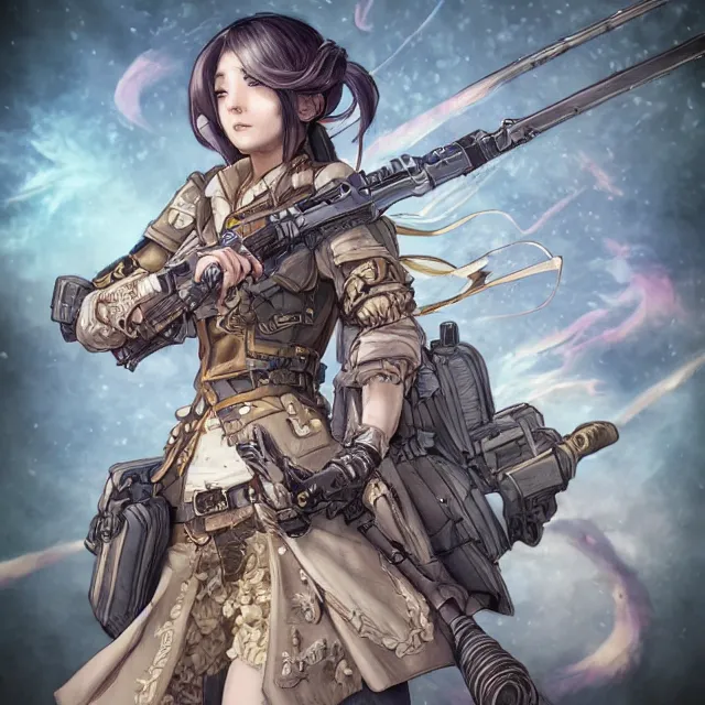 Image similar to the portrait of lawful neutral semi - colorful female infantry gunner as absurdly beautiful, gorgeous, elegant, young anime woman, an ultrafine hyperdetailed illustration by kim jung gi, irakli nadar, intricate linework, bright colors, octopath traveler, final fantasy, unreal engine 5 highly rendered, global illumination, radiant light, detailed and intricate environment