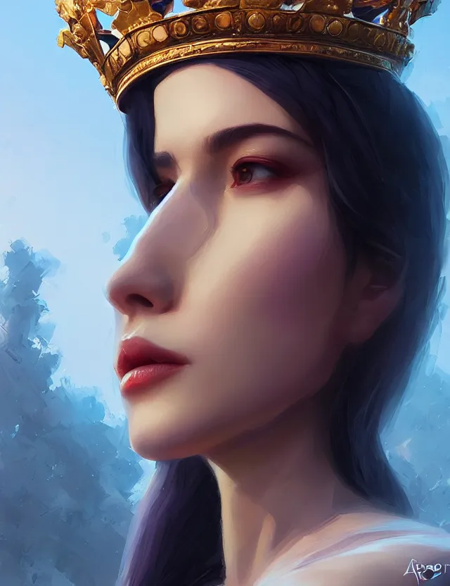 Prompt: blurred background. close-up portrait of a goddess in crown, by Artgerm and beeple and greg rutkowski