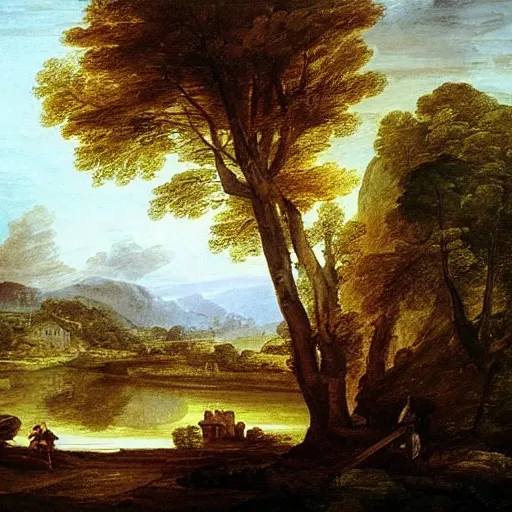 Image similar to landscape painting by nicholas pussin, thomas gainsborough, claude lorrain, dramatic, cinematic, picturesque, beautiful, grandiose, serene