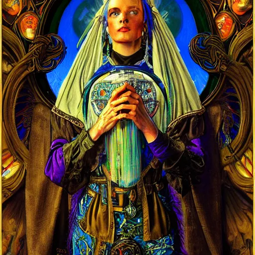 Prompt: renaissance portrait of an iridescent art deco machine priestess, reflective detailed textures, highly detailed fantasy science fiction painting by moebius, norman rockwell and william holman hunt. modern industrial shaman, rich colors, high contrast. artstation