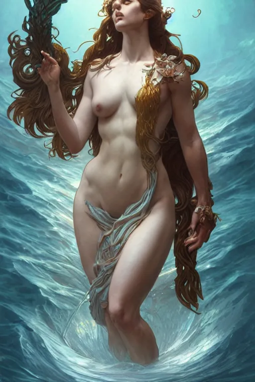 Image similar to goddess of the ocean, accurate anatomy, only two hands, highly detailed, digital painting, artstation, concept art, smooth, sharp focus, illustration, Unreal Engine 5, 8K, art by Ross Tran and greg rutkowski and alphonse Mucha and michelangelo