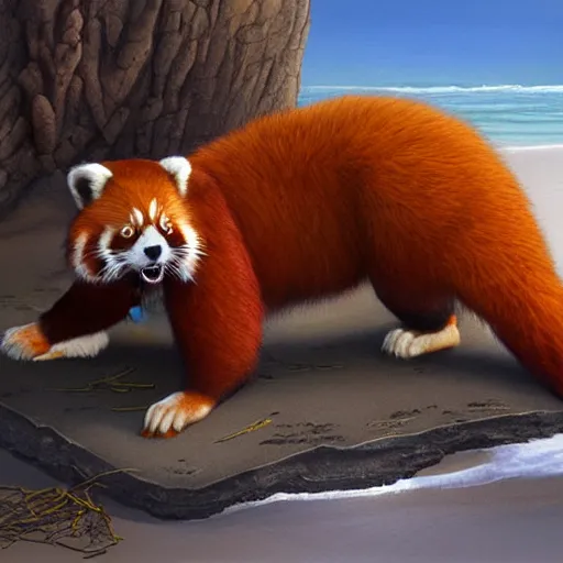 Image similar to commissioned artwork of a furry anthro red panda sunbathing on the beach, painted todd lockwood, jeff easley, greg rutkowski, james gurney, artgerm, digital art, trending on artstation