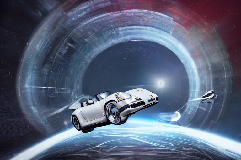 Image similar to porsche speedster as a spaceship traveling through a wormhole into another dimension. photorealistic 35mm 4k nasa