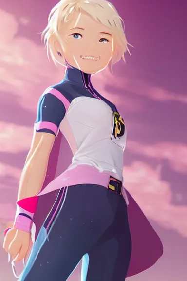 Image similar to blonde little girl wearing an pink and white hero outfit, digital artwork made by artgerm lau and makoto shinkai, shaped focus, heroic composition, hero pose, inspired by peni parker from spiderverso, smooth