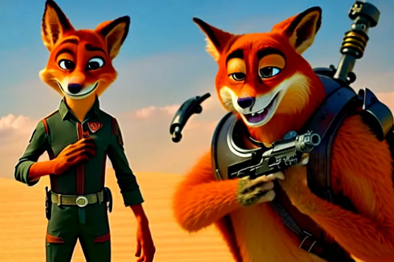 Image similar to nick wilde ( from zootopia ), heavily armed and armored facing down armageddon in a dark and gritty reboot from the makers of mad max : fury road