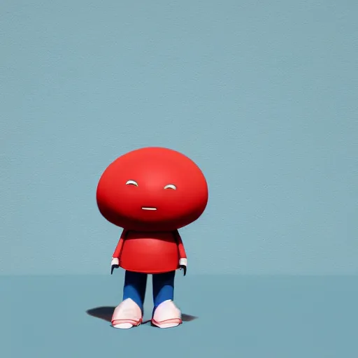 Image similar to red bean shaped character with a light blue visor no arms and stubby legs wearing a round red backpack in a simplistic style