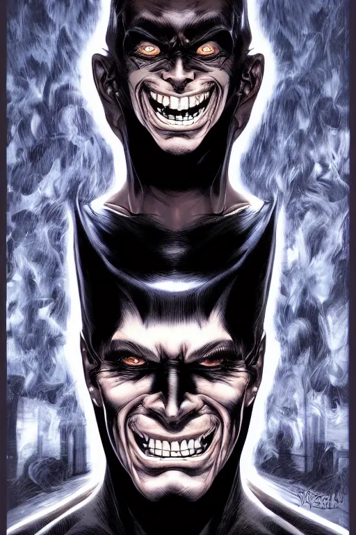 Image similar to aesthetic digital portrait of a handsome young man with a sinister grin by brian bolland, rachel birkett, alex ross, and neal adams | dark, intimidating, imposing, portrait, character concept, concept art, unreal engine, finalrender, centered, deviantart, artgerm