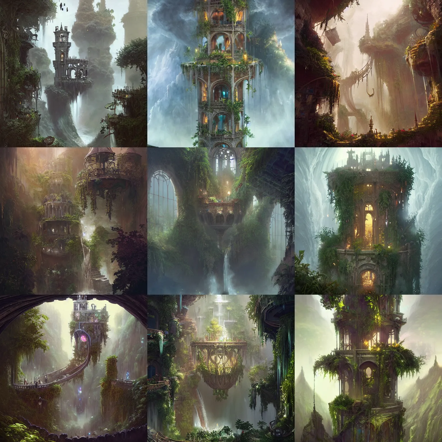 Prompt: victorian hanging gardens inside a tower, waterfalls, archways, large windows, light dust, by peter mohrbacher dan mumford craig mullins nekro, cgsociety, pixiv, volumetric light, 3 d render