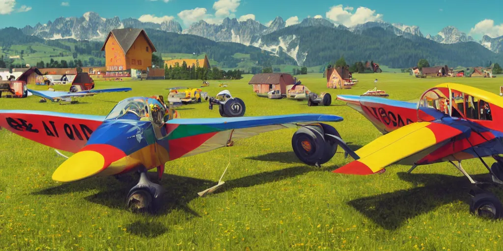 Prompt: a ultra photorealistic and sharp film still of an a sunny and colourful airfield in 1 9 1 6 in the middle of the bavarian alps, germany. parking and flying airplanes, wide shot, frog perspective, wes anderson, studio ghibli, pixar and disney animation, octane render, anime key art by greg rutkowski, dramatic lighting, award winning photography