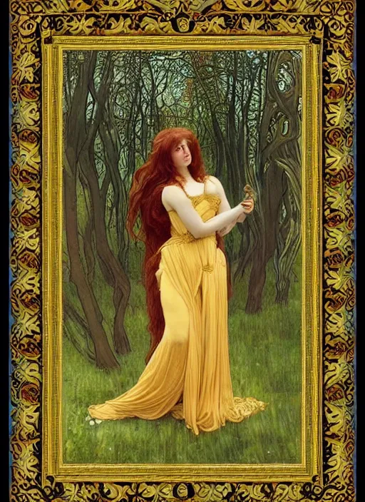 Image similar to masterpiece beautiful seductive flowing curves pose preraphaelite portrait photography, straight bangs, yellow ochre ornate medieval dress, mushroom forest arch, william morris and kilian eng and mucha, framed, 4 k