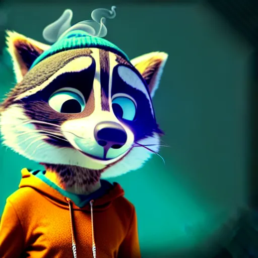 Prompt: a very relaxed stoner with a black hoodie on with a furry raccoon head from zootopia, wearing teal beanie, holding a small vape, blowing out smoke, 3 d render, 8 k, extremely detailed fur, wearing a cool marijuana t - shirt