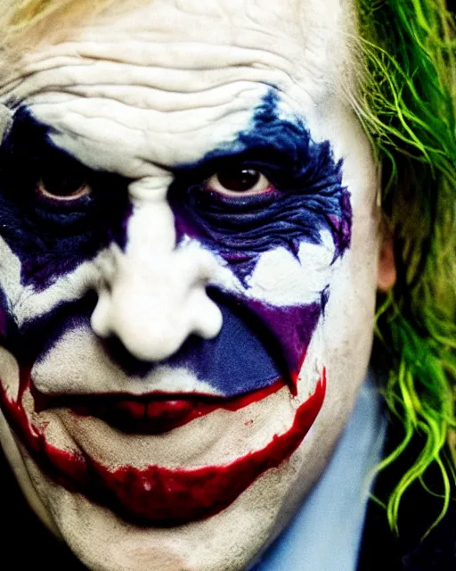 Image similar to film still close - up shot of boris johnson as the joker from the movie the dark knight. photographic, photography