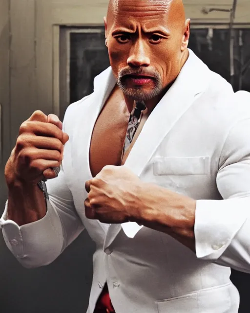 Prompt: dwayne johnson as colonel sanders eating fried chicken