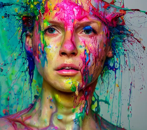 Prompt: still shot footage of a portrait of a female angel's head morphs into acrylic pour and coloured powder explosion and splashing paint and dripping paint and flying paint chunks, closing eyes, motion blur, hyperrealistic, medical, intricate art photography, hyperrealistic, anatomically correct, realistic crisp textures, 1 6 k