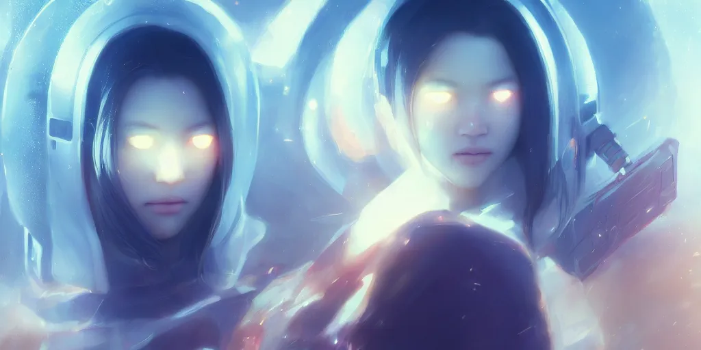 Image similar to Young Tibetan woman, somber white eyes, long, gentle lighting, piloting a small space shuttle, futuristic, dim lighting, digital art by Makoto Shinkai ilya kuvshinov and Wojtek Fus, digital art, concept art,